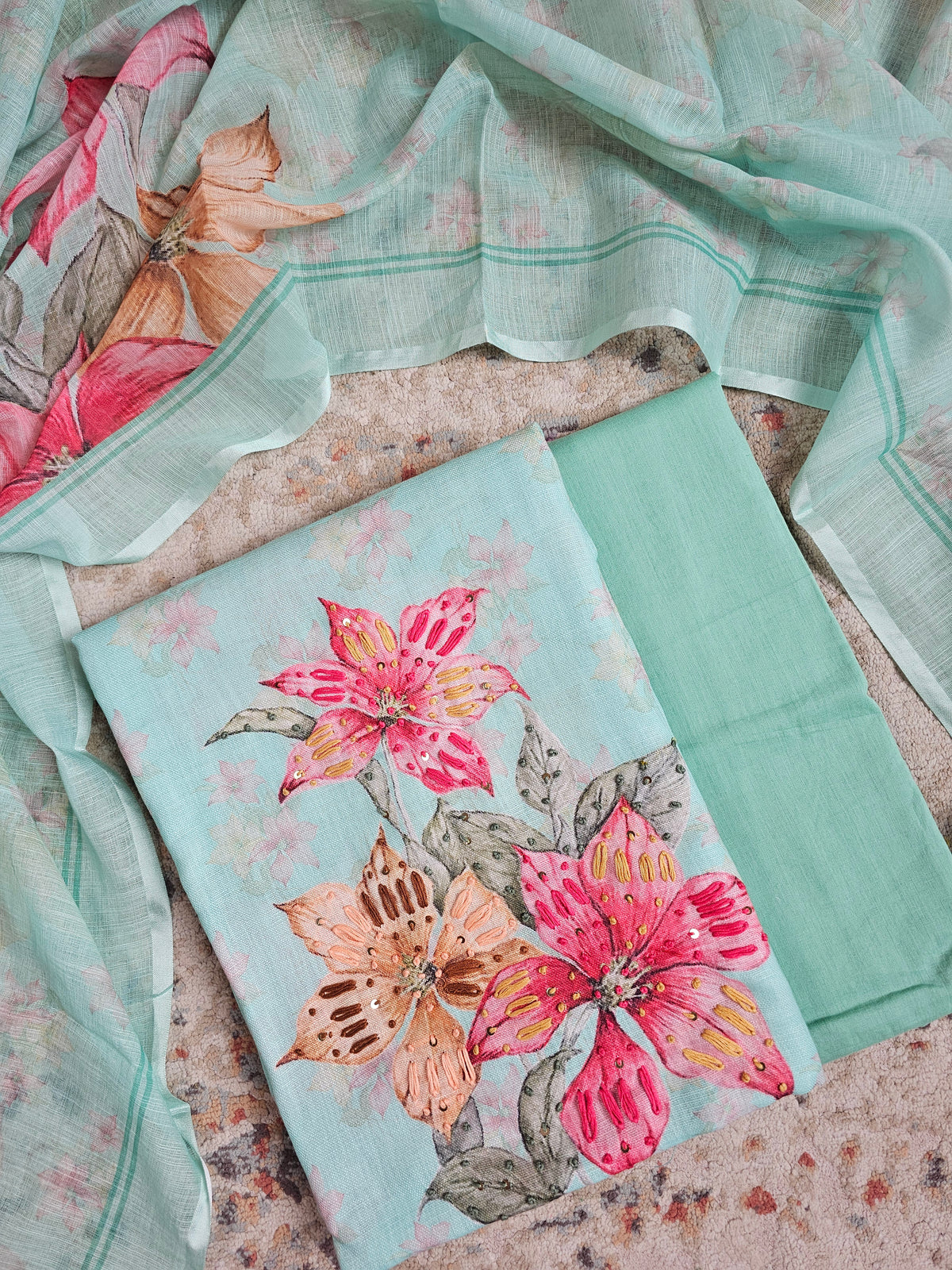 Linen Unstitched Salwar - Sea Green