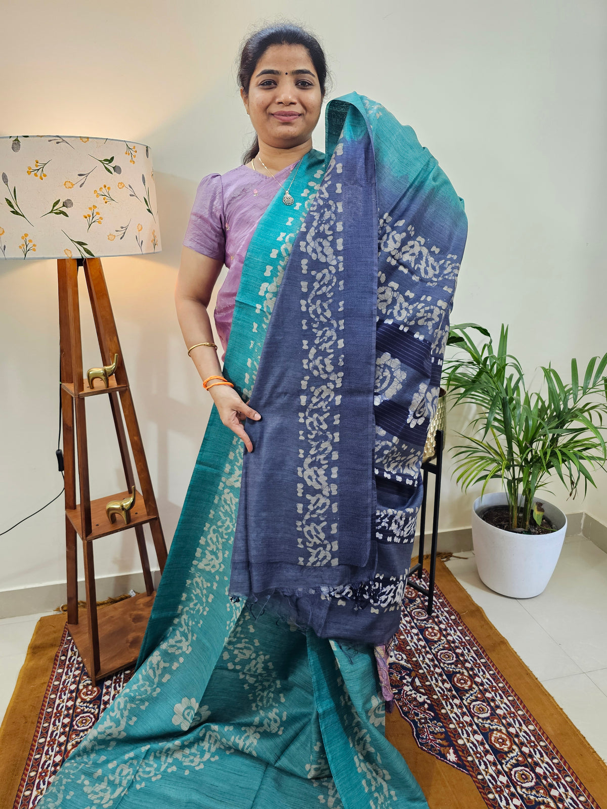 Bhagalpuri with Batik Print -Sea Green with Blue
