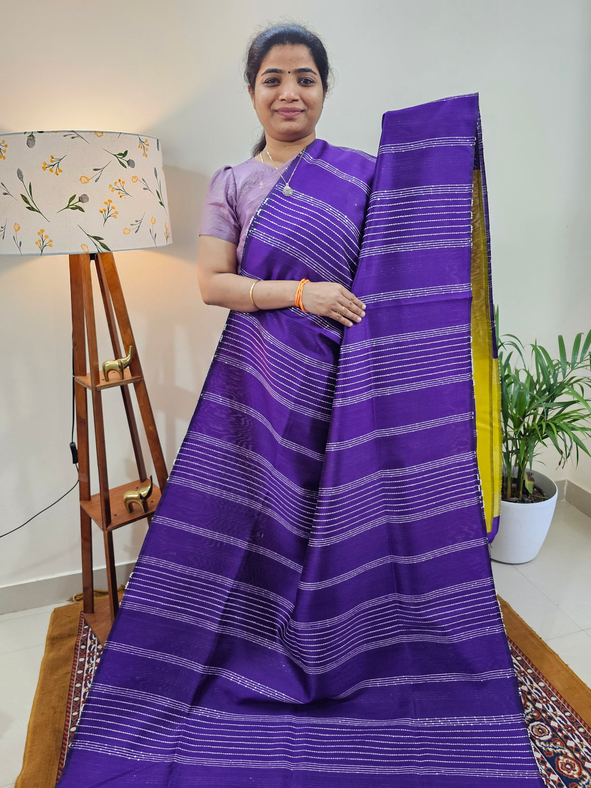 Raw Silk Saree - Purple with Yellow