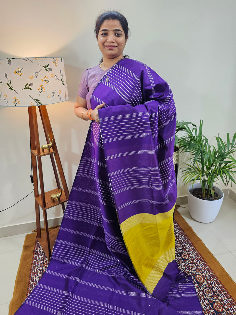 Raw Silk Saree - Purple with Yellow