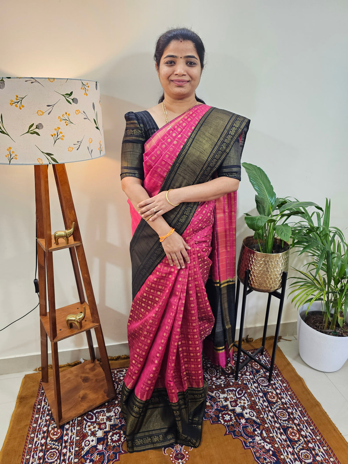 Semi Raw Silk Saree - Pink  with Black