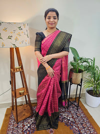 Semi Raw Silk Saree - Pink  with Black