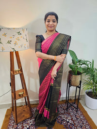 Semi Raw Silk Saree - Pink  with Black