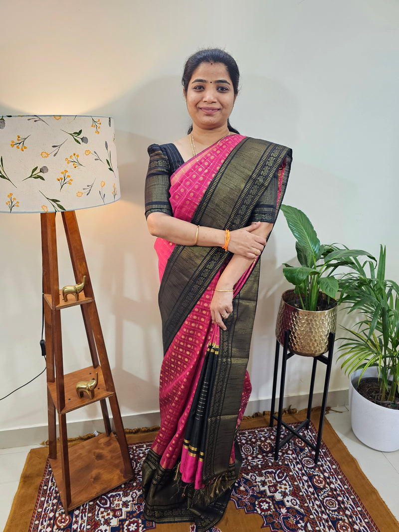 Semi Raw Silk Saree - Pink  with Black