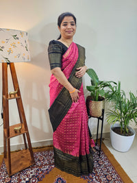Semi Raw Silk Saree - Pink  with Black