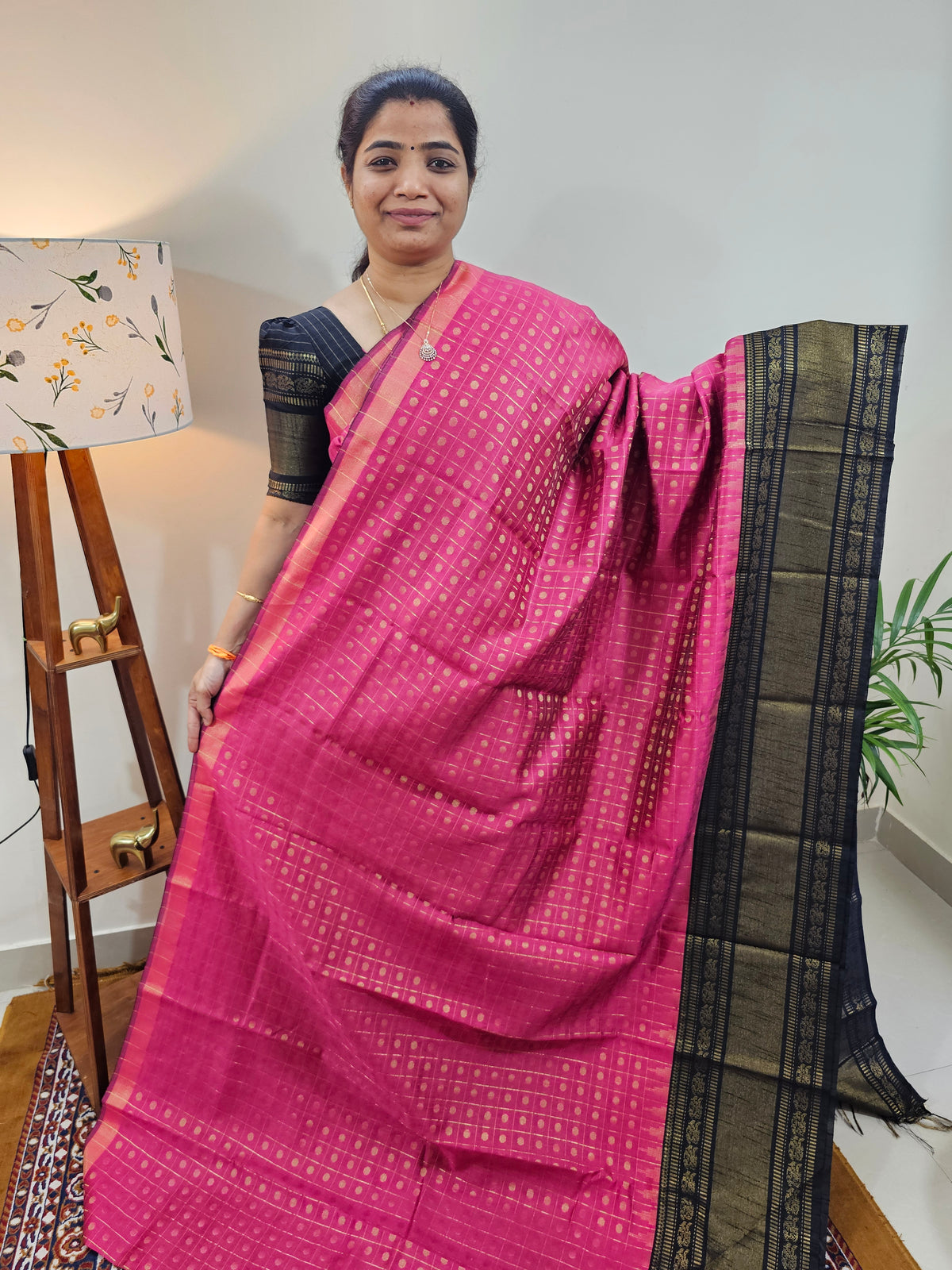Semi Raw Silk Saree - Pink  with Black