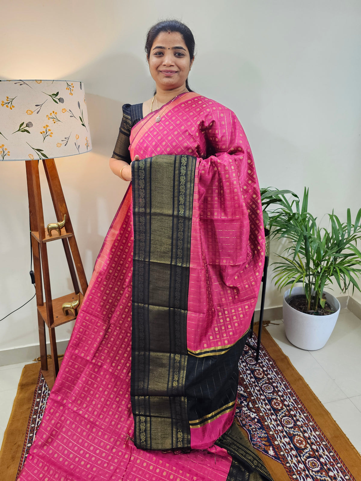 Semi Raw Silk Saree - Pink  with Black