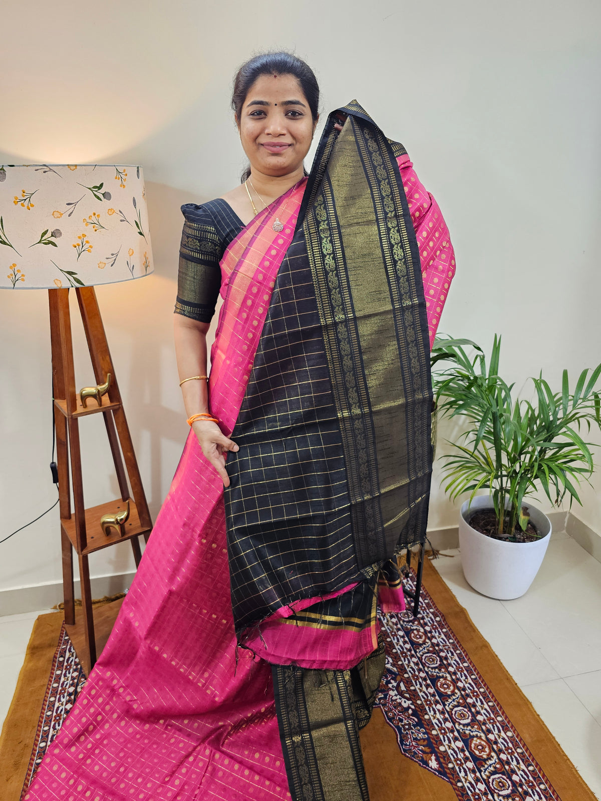 Semi Raw Silk Saree - Pink  with Black