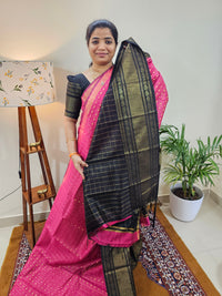 Semi Raw Silk Saree - Pink  with Black