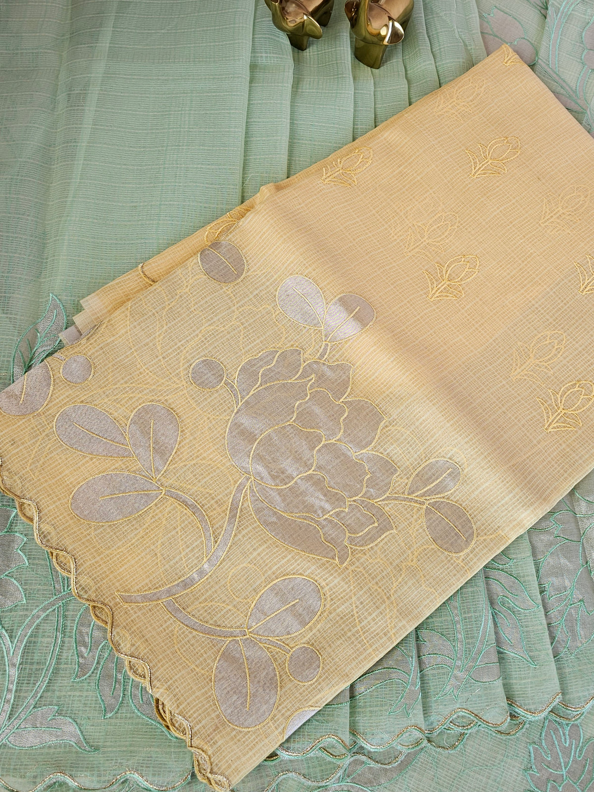 Premium Kota Designer Saree with Classy Patch Work - Pastel Yellow