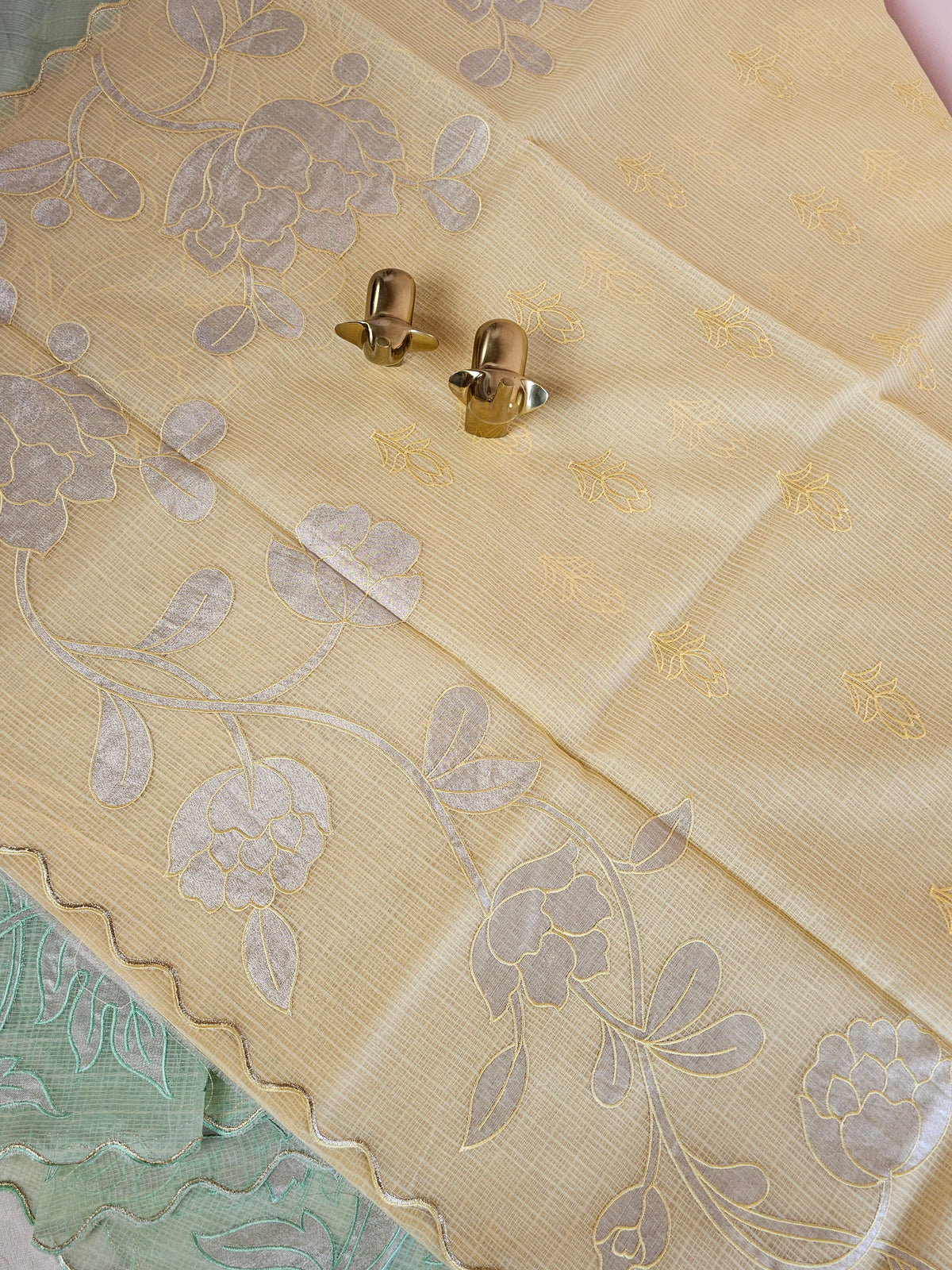 Premium Kota Designer Saree with Classy Patch Work - Pastel Yellow