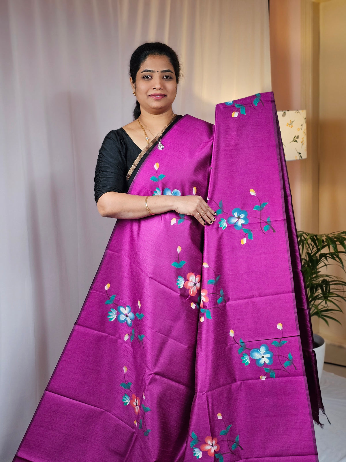 Hand Painted Semi Raw Silk Saree - Magenta pink
