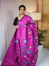 Hand Painted Semi Raw Silk Saree - Magenta pink