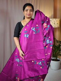 Hand Painted Semi Raw Silk Saree - Magenta pink