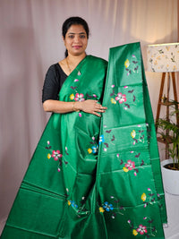Hand Painted Semi Raw Silk Saree - Green