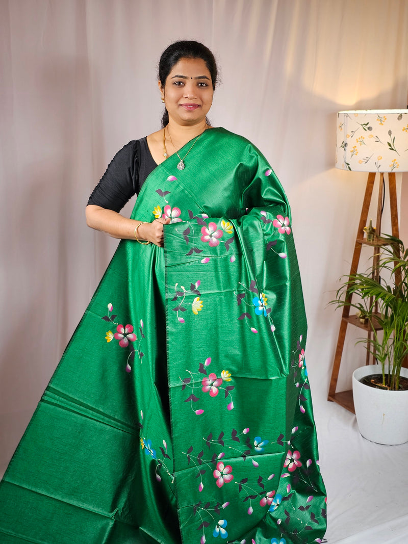 Hand Painted Semi Raw Silk Saree - Green