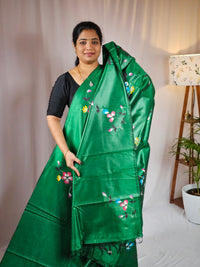 Hand Painted Semi Raw Silk Saree - Green