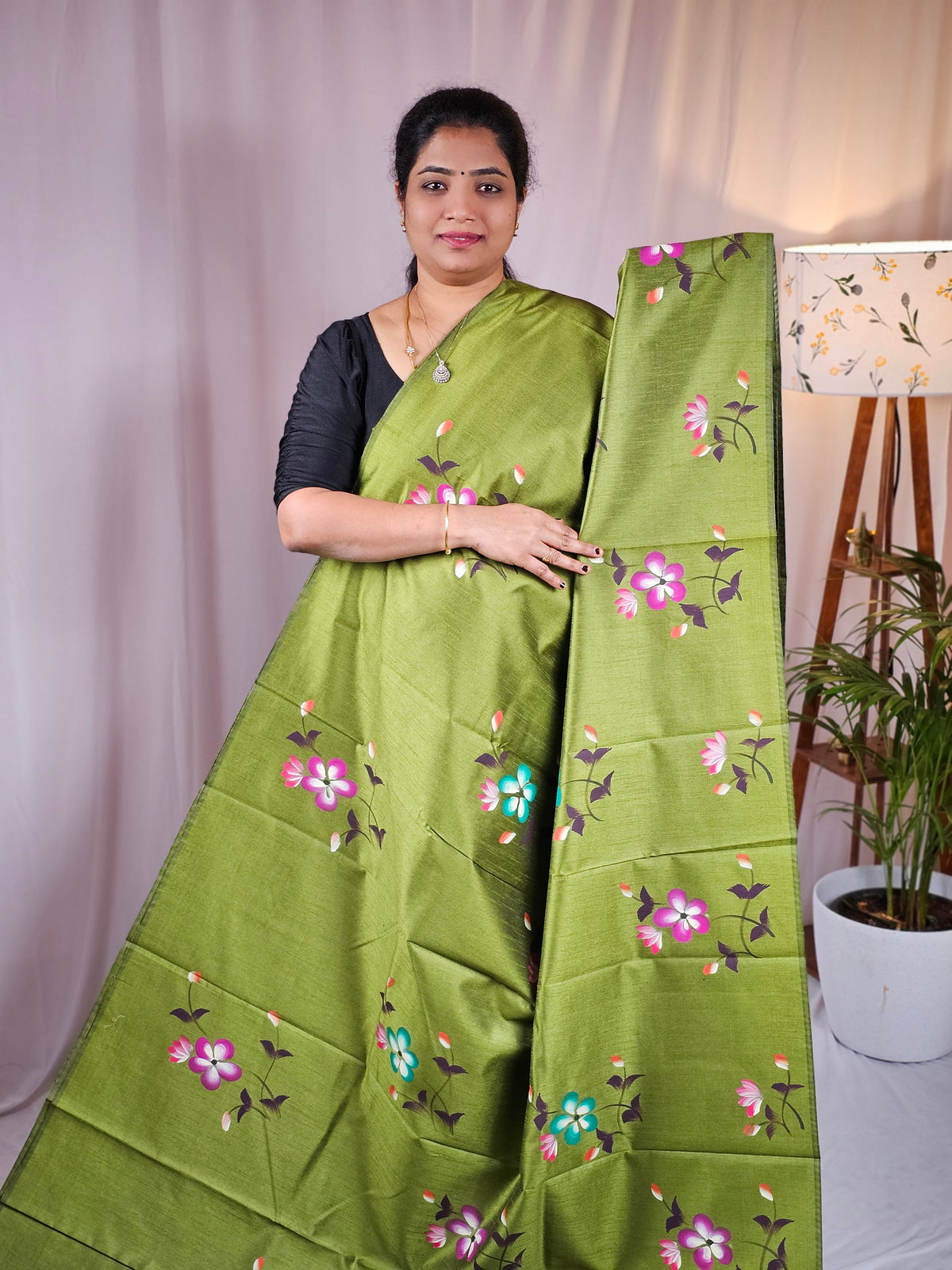 Hand Painted Semi Raw Silk Saree - Parrot Green
