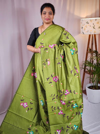 Hand Painted Semi Raw Silk Saree - Parrot Green