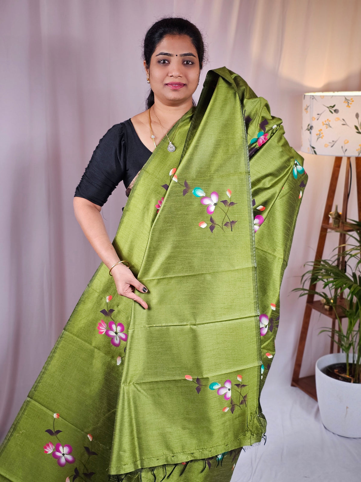 Hand Painted Semi Raw Silk Saree - Parrot Green
