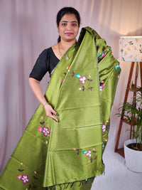 Hand Painted Semi Raw Silk Saree - Parrot Green