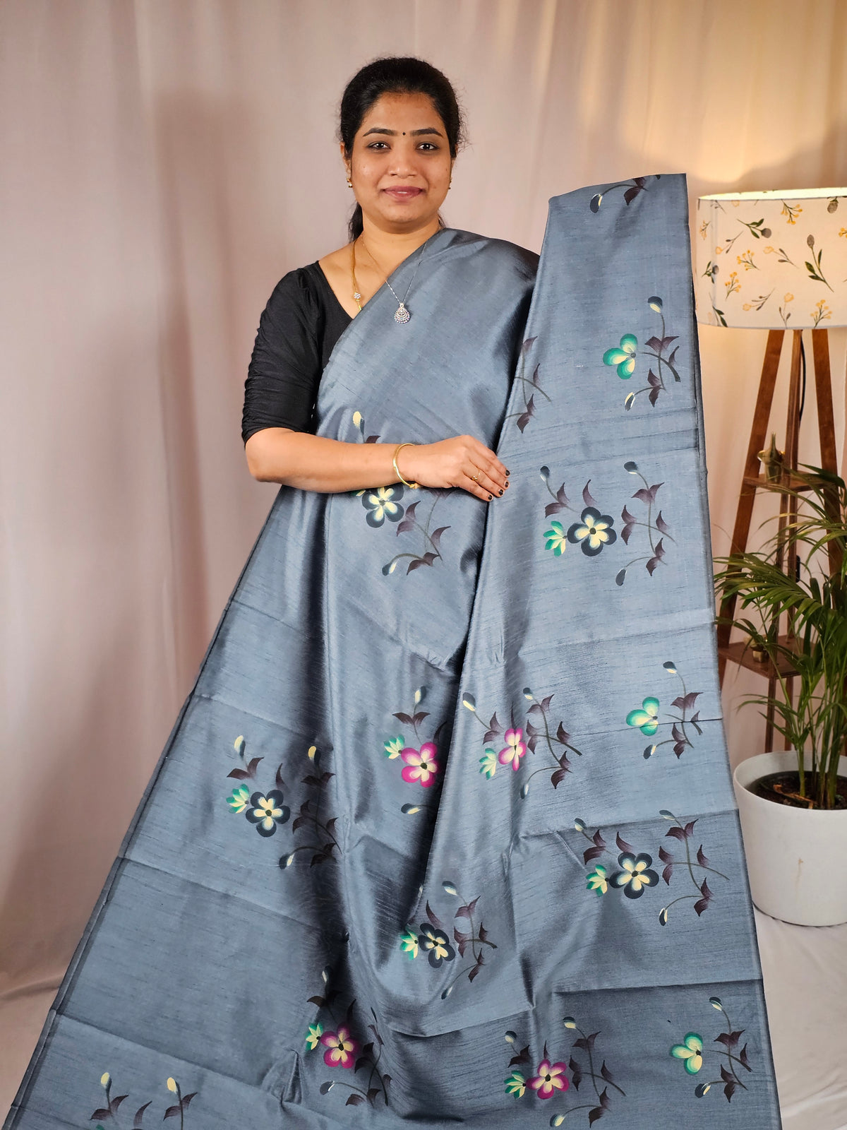 Hand Painted Semi Raw Silk Saree - Grey