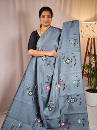 Hand Painted Semi Raw Silk Saree - Grey