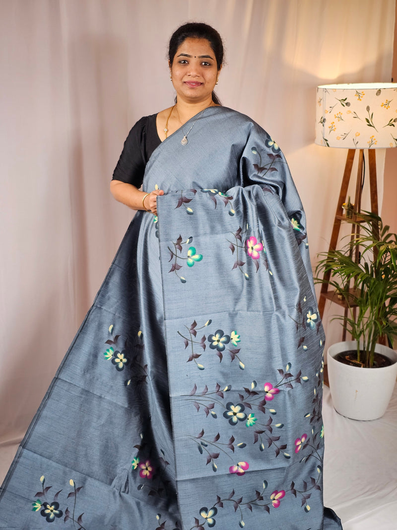 Hand Painted Semi Raw Silk Saree - Grey