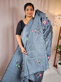 Hand Painted Semi Raw Silk Saree - Grey