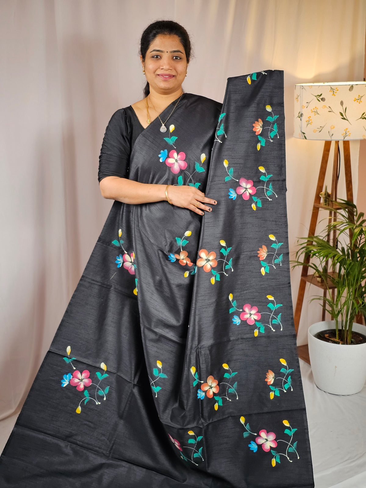 Hand Painted Semi Raw Silk Saree - Black