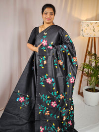 Hand Painted Semi Raw Silk Saree - Black