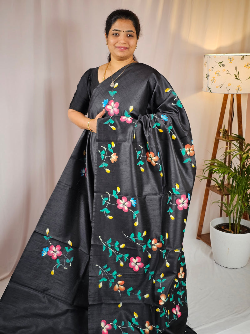 Hand Painted Semi Raw Silk Saree - Black