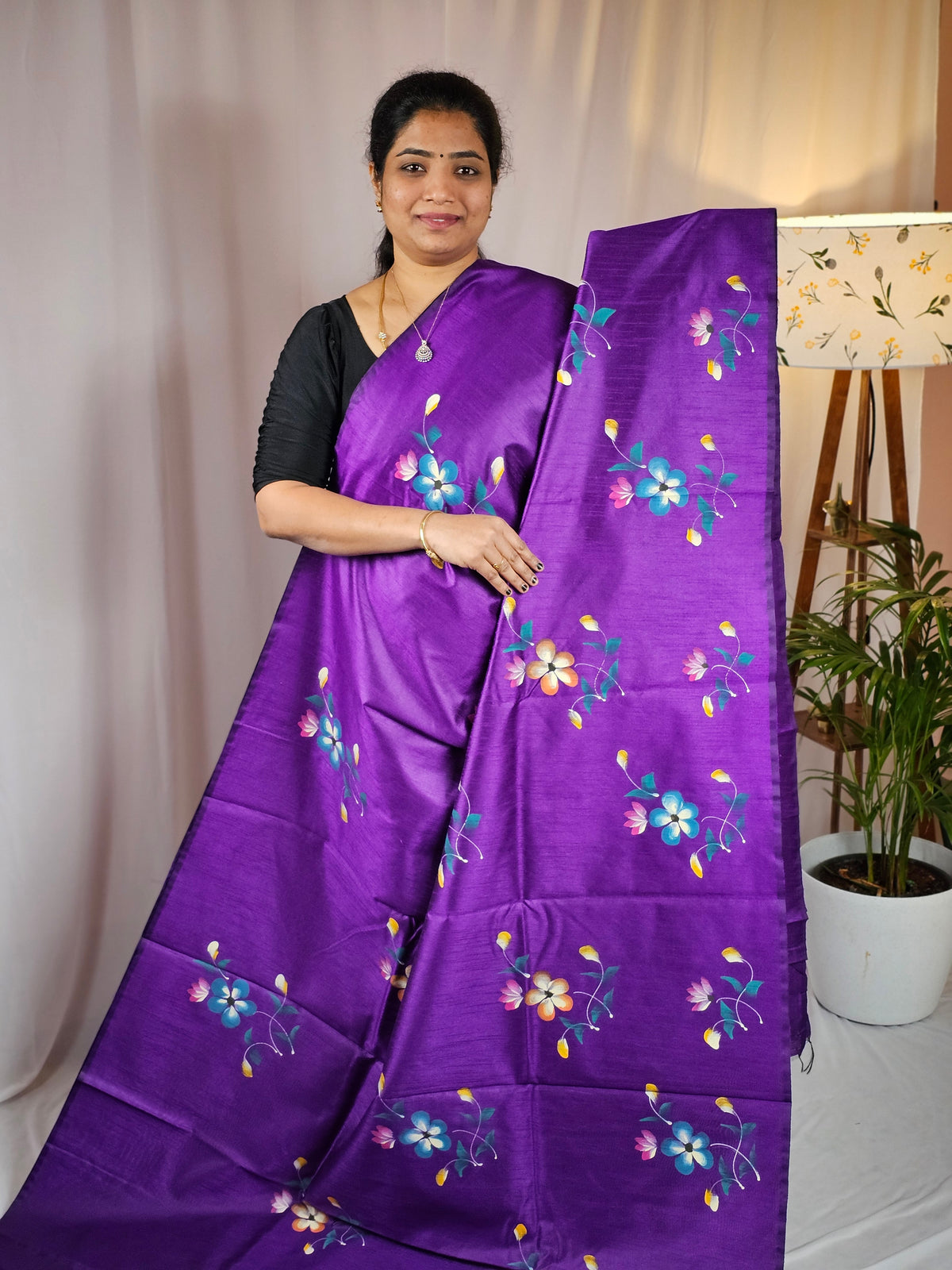 Hand Painted Semi Raw Silk Saree - Purple