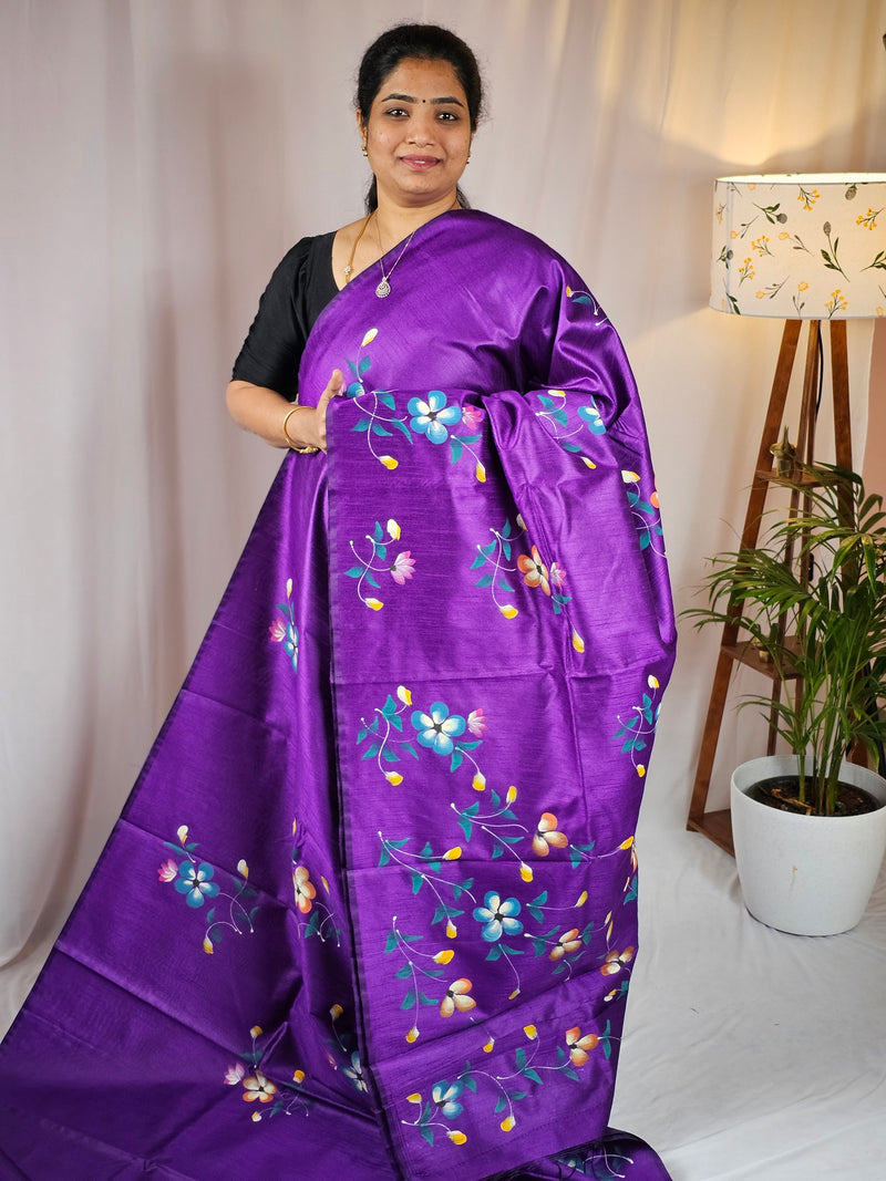 Hand Painted Semi Raw Silk Saree - Purple