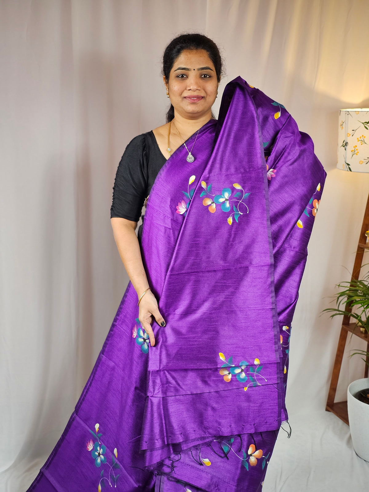 Hand Painted Semi Raw Silk Saree - Purple