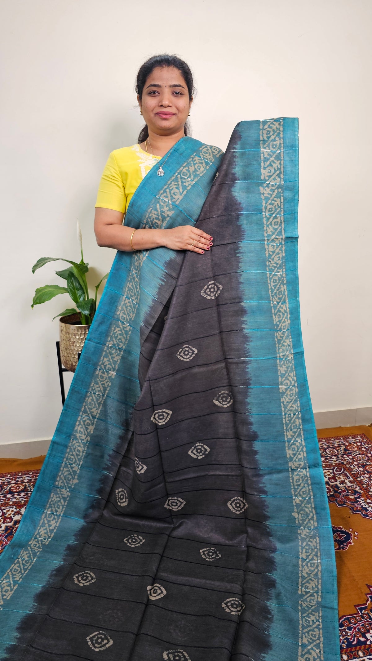 Bhagalpuri with Batik Print - Dark Grey with Sea Green