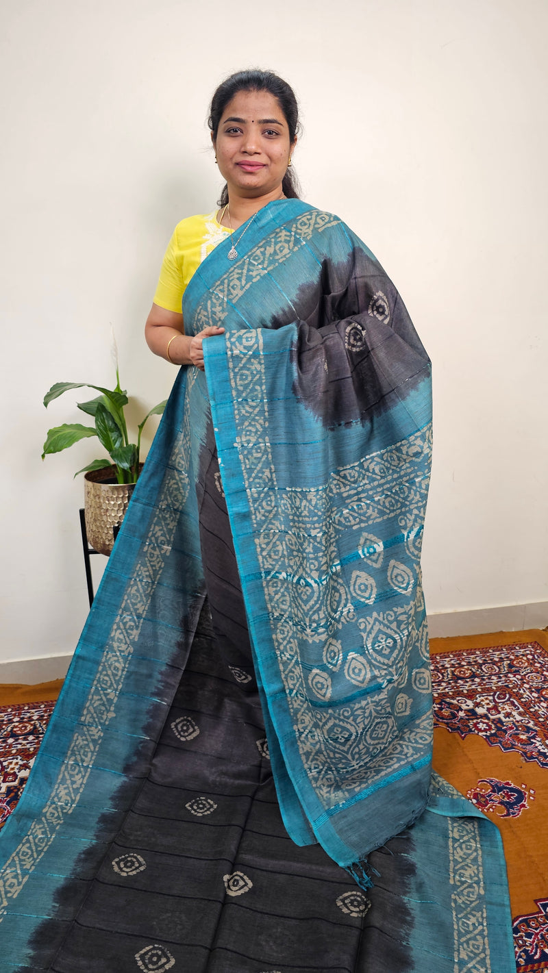 Bhagalpuri with Batik Print - Dark Grey with Sea Green