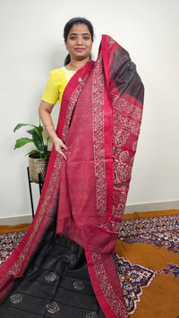 Bhagalpuri with Batik Print - Grey with Maroon