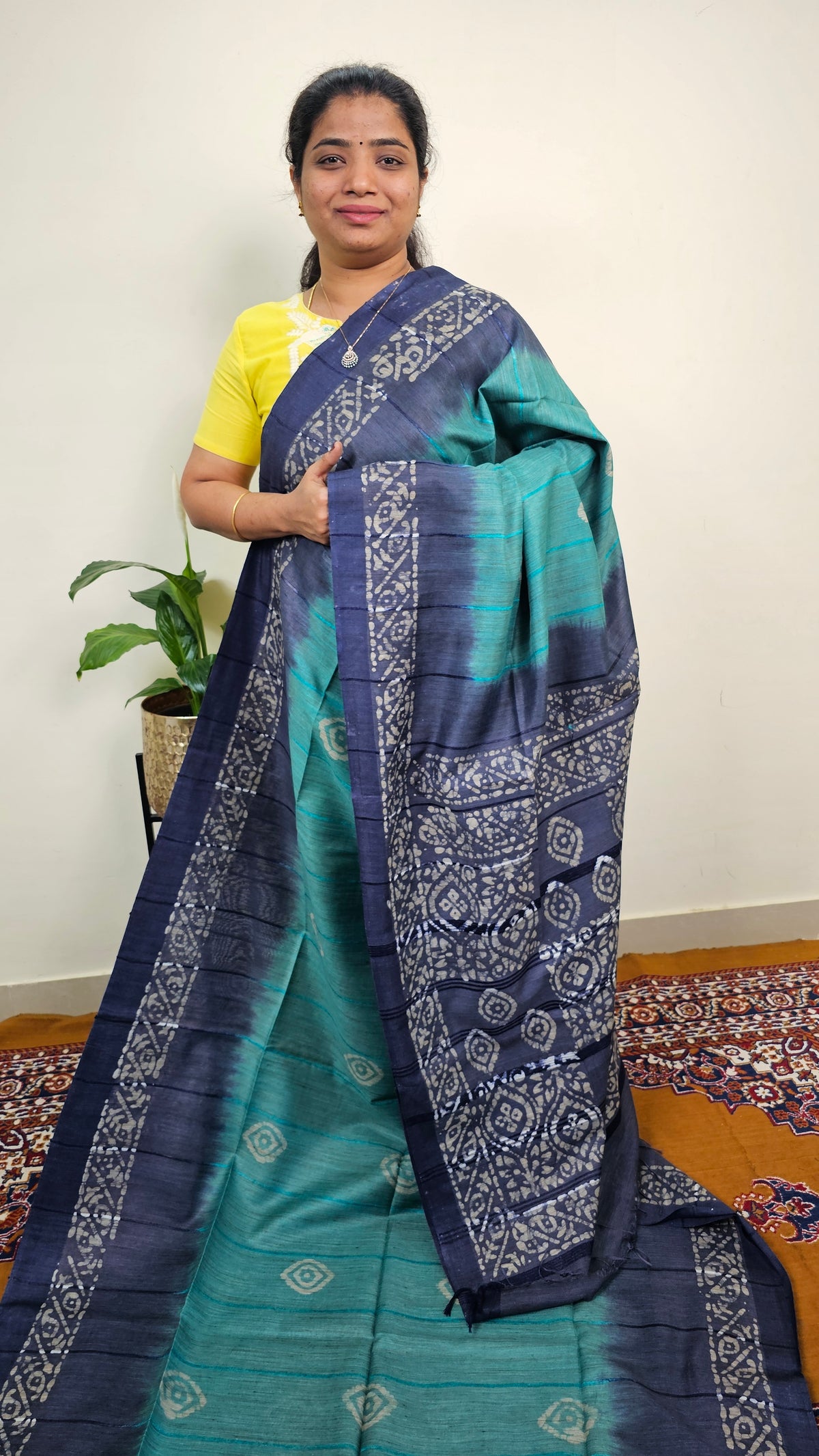 Bhagalpuri with Batik Print - Sea Green with Blue