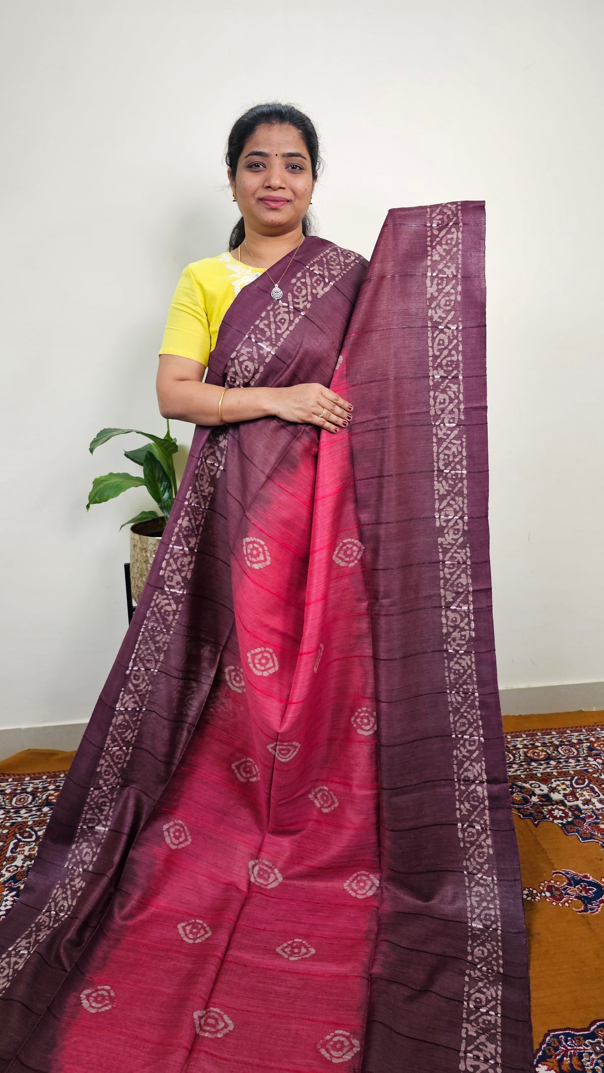 Bhagalpuri with Batik Print - Pink with Dark Maroon