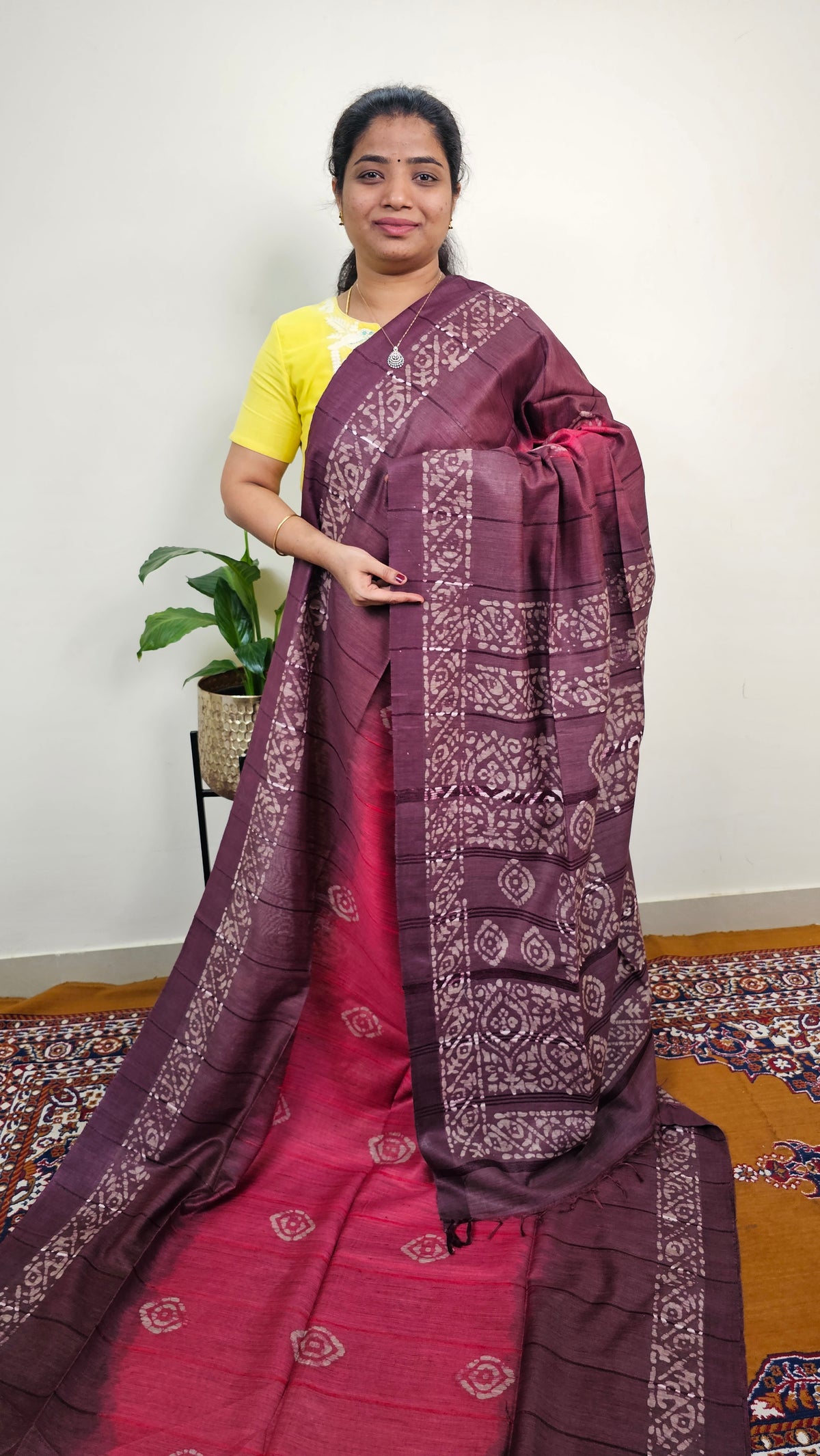 Bhagalpuri with Batik Print - Pink with Dark Maroon