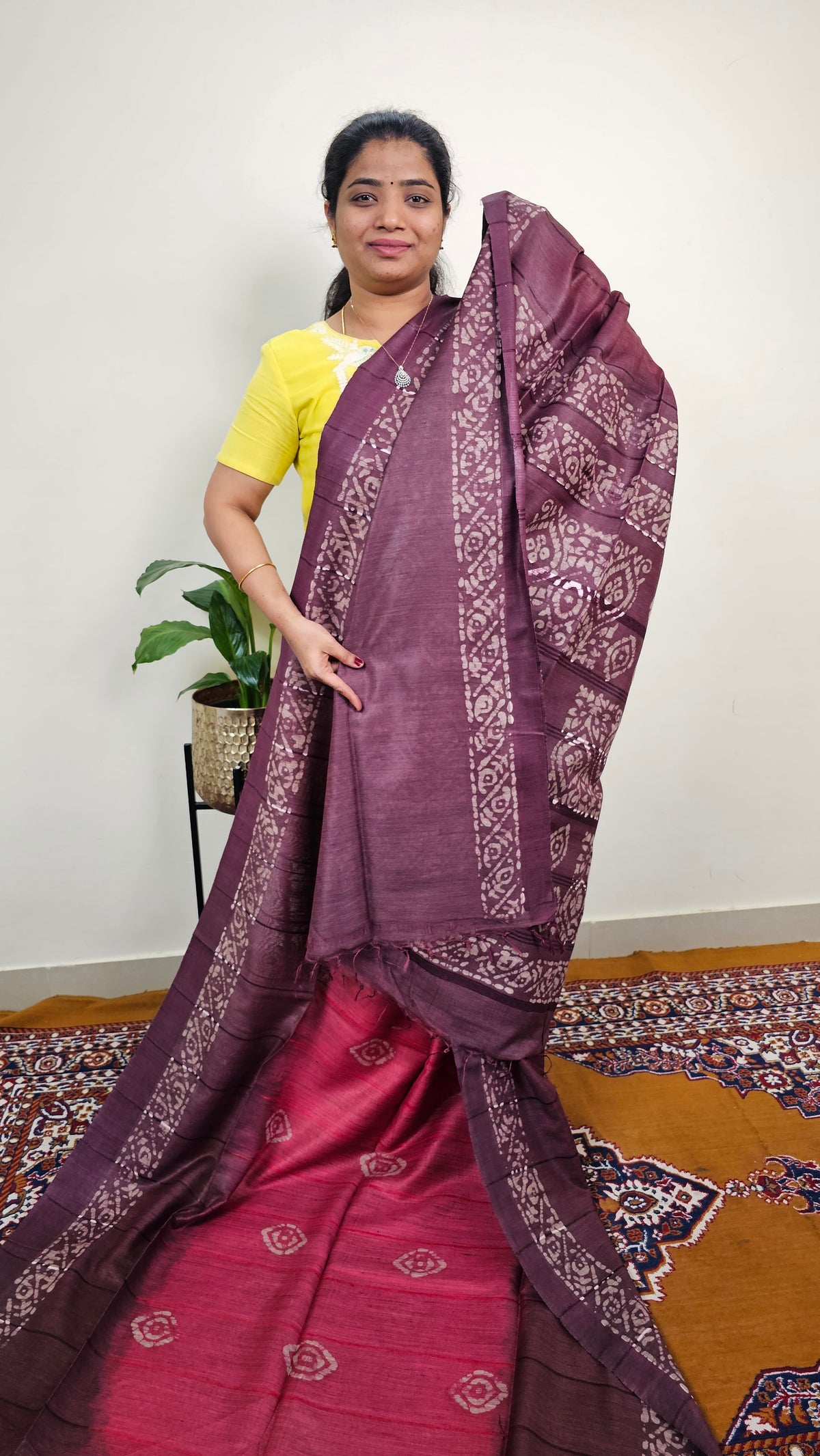 Bhagalpuri with Batik Print - Pink with Dark Maroon