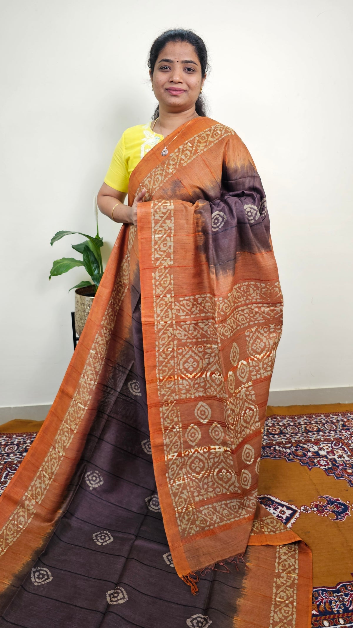 Bhagalpuri with Batik Print - Brown with Honey Brown