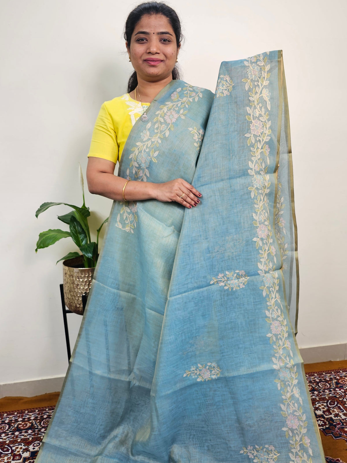 Linen Tissue with Aari Work - Blue