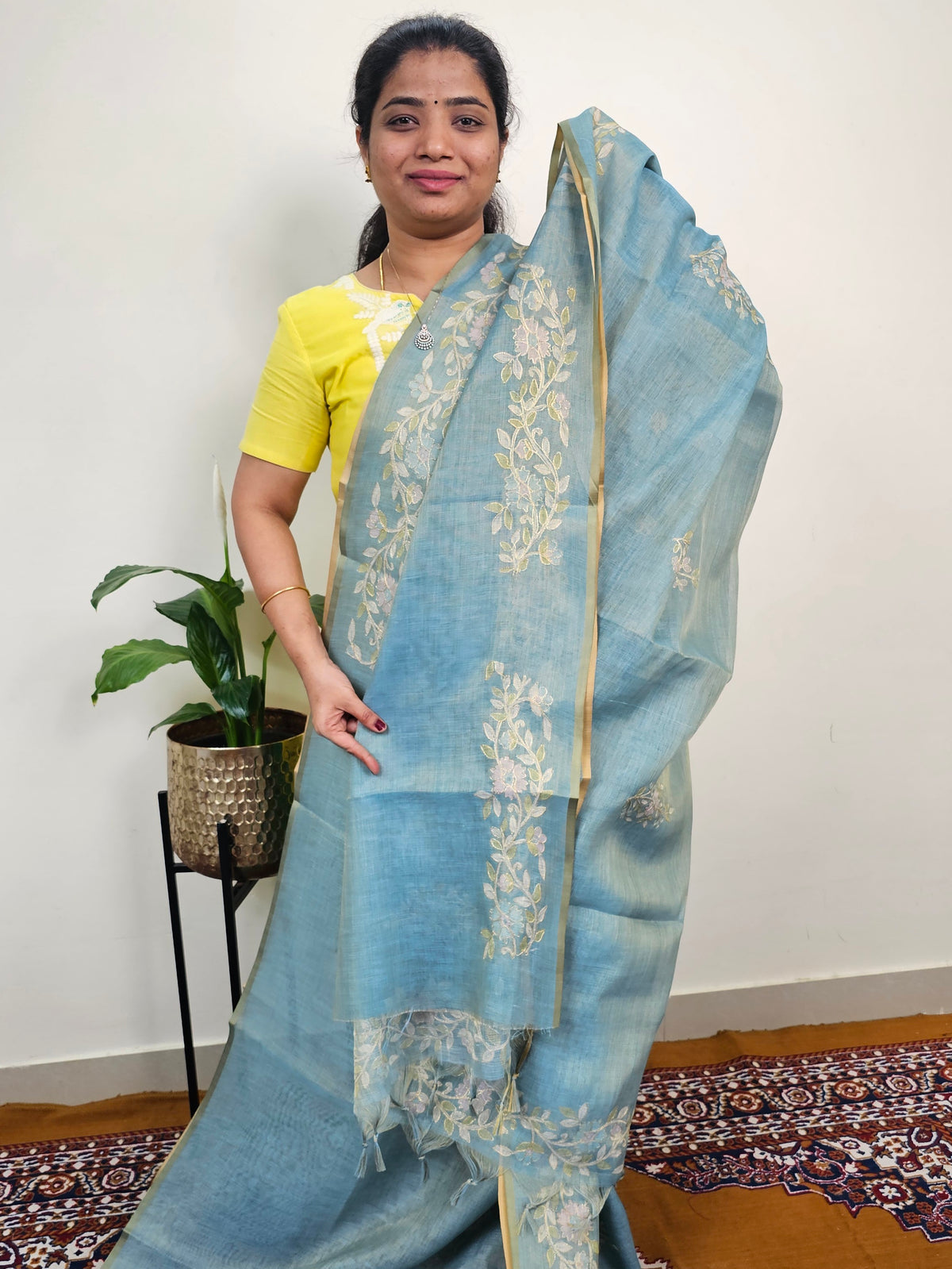 Linen Tissue with Aari Work - Blue
