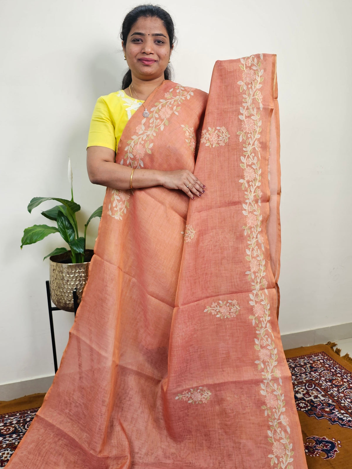 Linen Tissue with Aari Work - Rust Orange