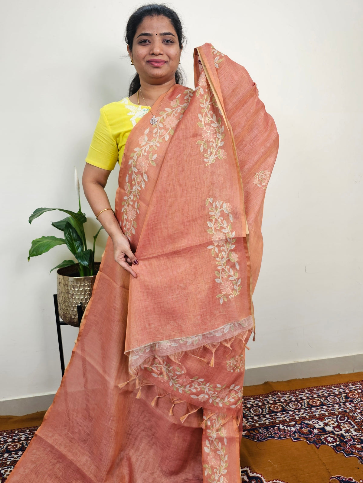 Linen Tissue with Aari Work - Rust Orange