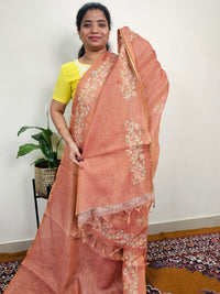 Linen Tissue with Aari Work - Rust Orange