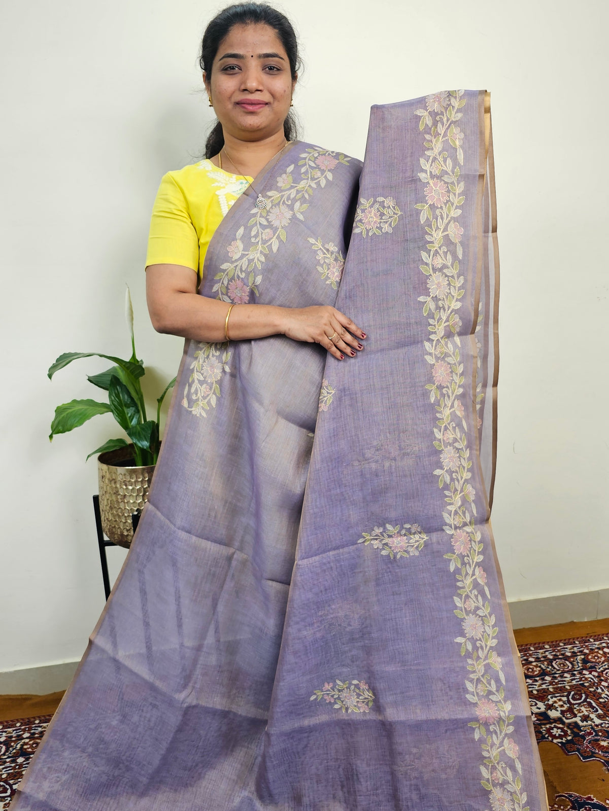 Linen Tissue with Aari Work - Dark Violet