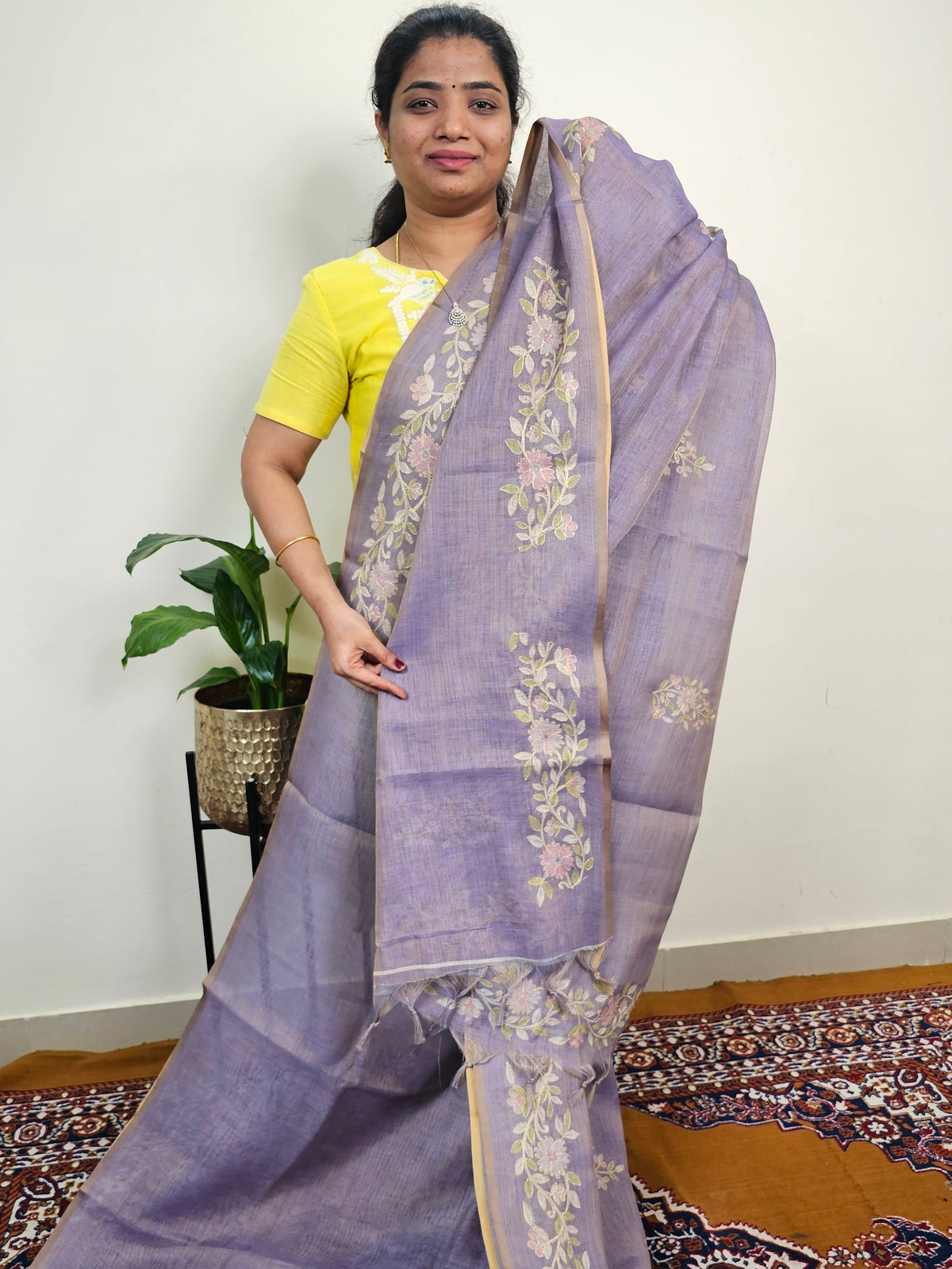 Linen Tissue with Aari Work - Dark Violet